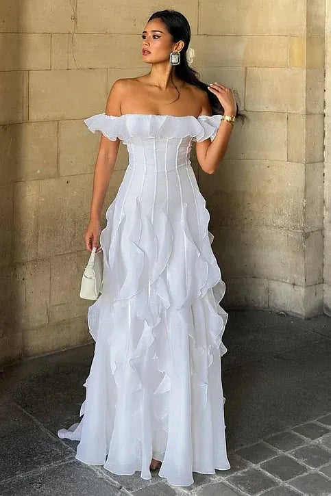Romantic Off-the-Shoulder Tiered Ruffle Chiffon Formal Dress