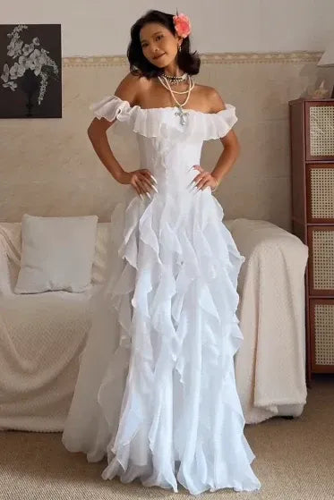 Romantic Off-the-Shoulder Tiered Ruffle Chiffon Formal Dress