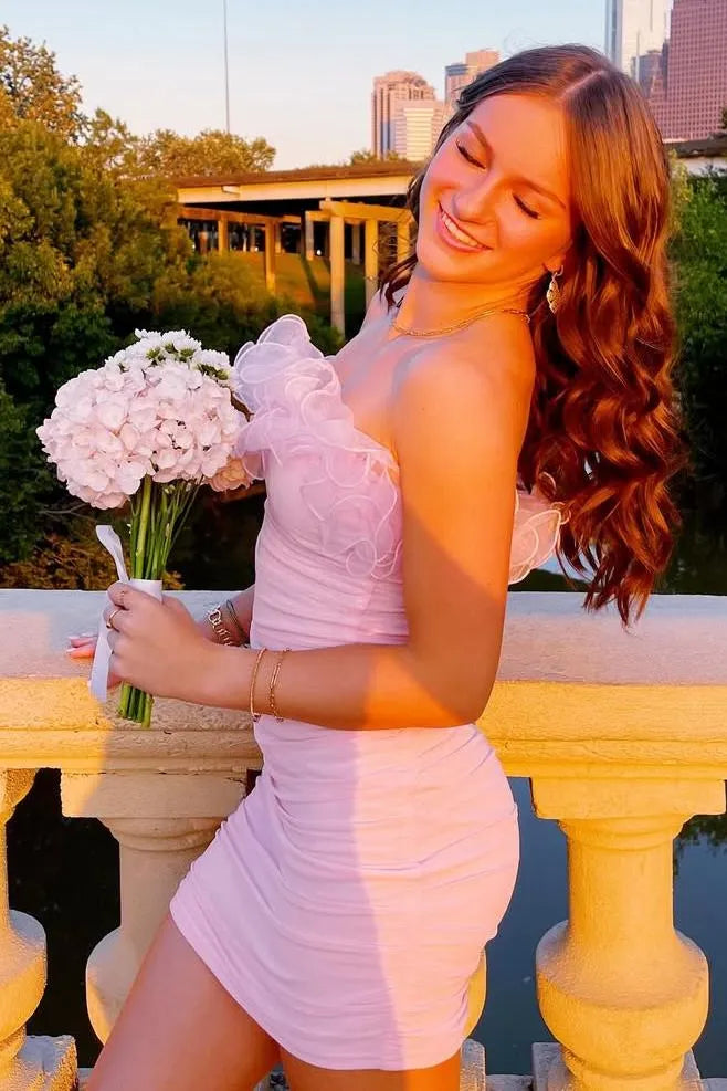 Romantic One Shoulder Ruffle Ruched Bodycon Mini Dress