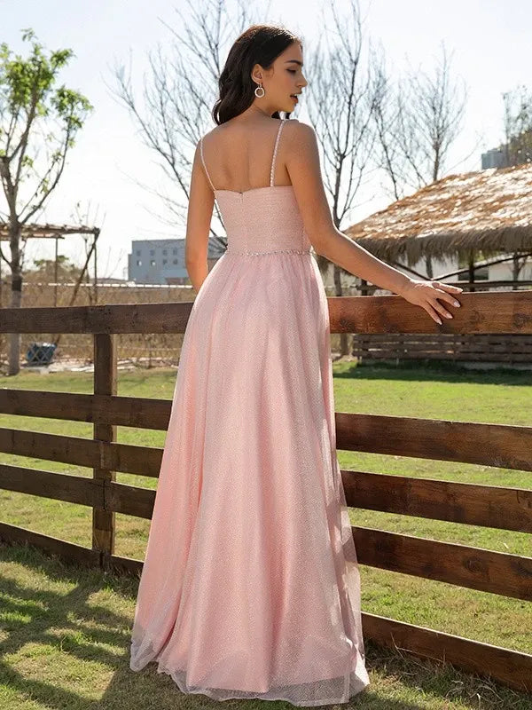 Romantic Pink V-Neck Spaghetti Strap Open Back A-Line Floor-Length Evening Dress