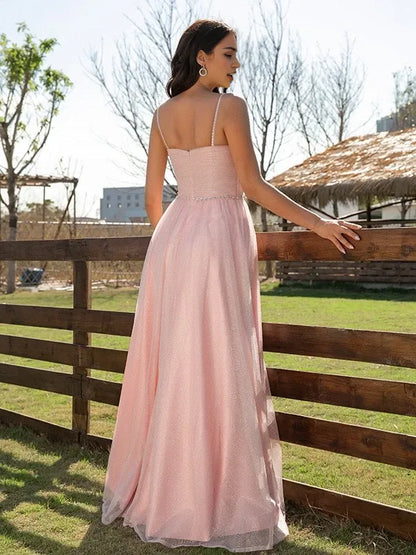 Romantic Pink V-Neck Spaghetti Strap Open Back A-Line Floor-Length Evening Dress