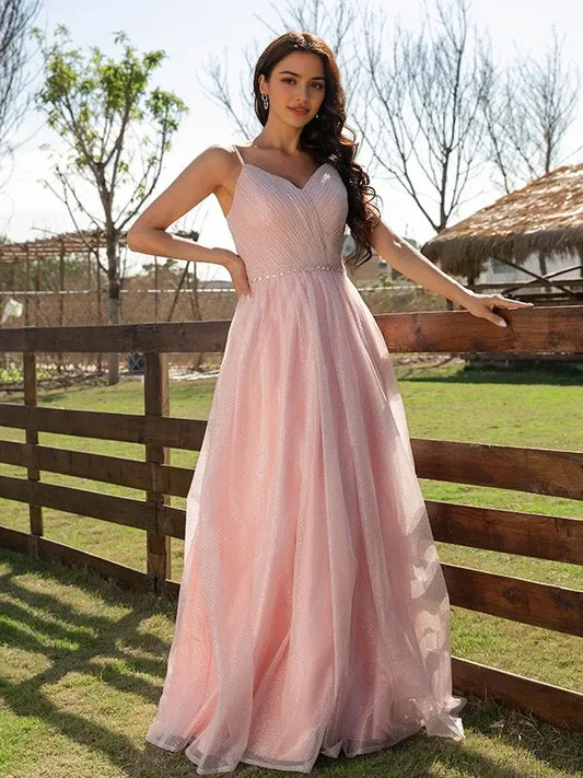 Romantic Pink V-Neck Spaghetti Strap Open Back A-Line Floor-Length Evening Dress