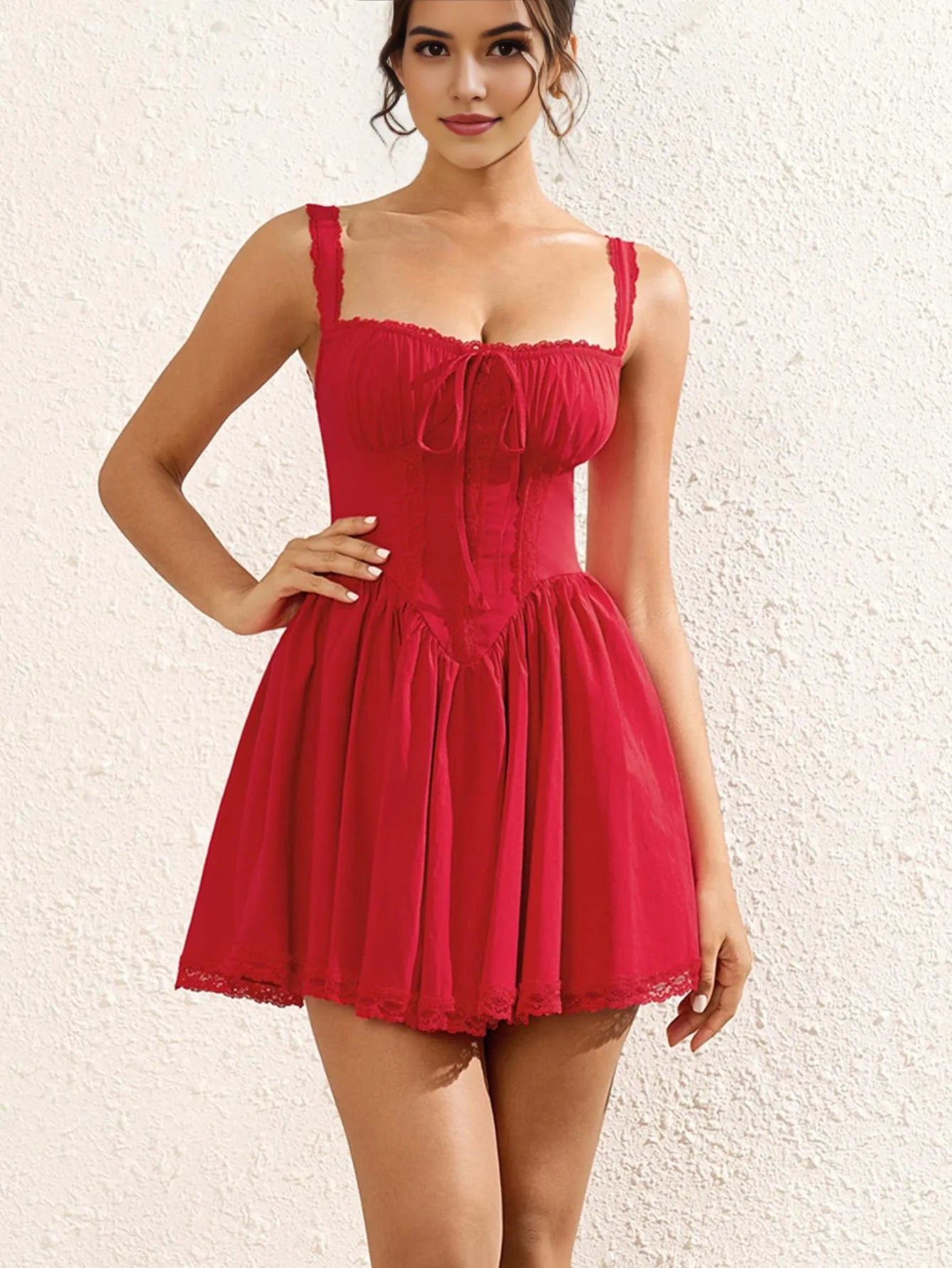 Romantic Red Lace Strap Sweetheart Neck Tie-Front Ruched Waist Flare Mini Party Dress