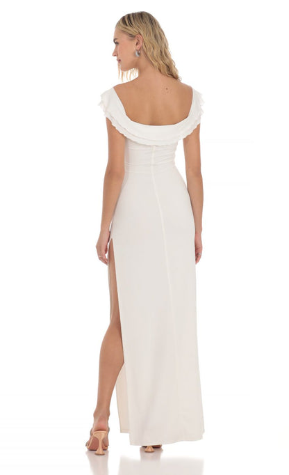 Romantic Sheath Off-Shoulder Ruffled White Floor-Length Prom Dresses