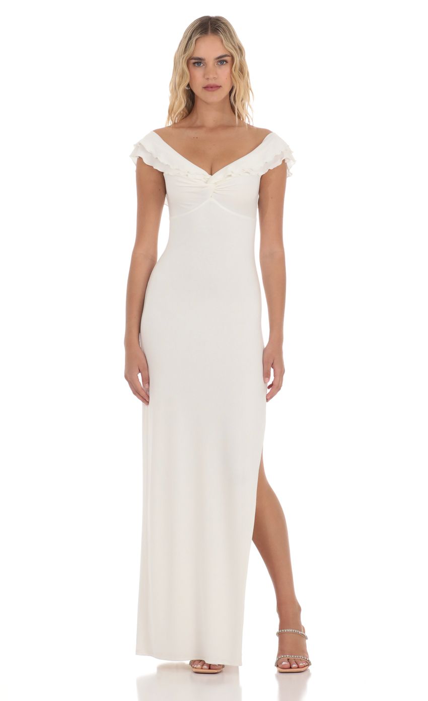 Romantic Sheath Off-Shoulder Ruffled White Floor-Length Prom Dresses