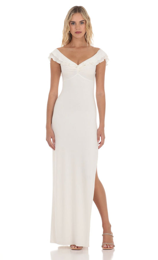 Romantic Sheath Off-Shoulder Ruffled White Floor-Length Prom Dresses
