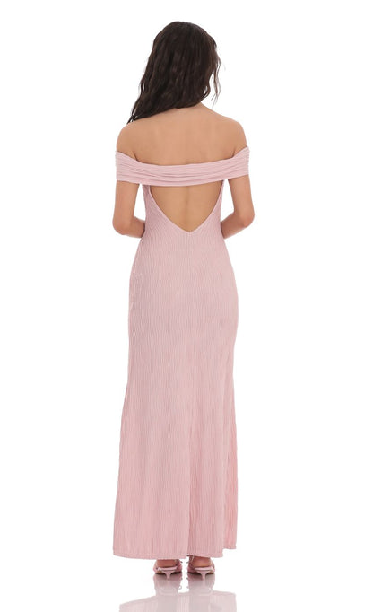Romantic Sheath Off-Shoulder Sleeveless Deep-Open-Back Blush Pleated Jersey Floor-Length Prom Dresses