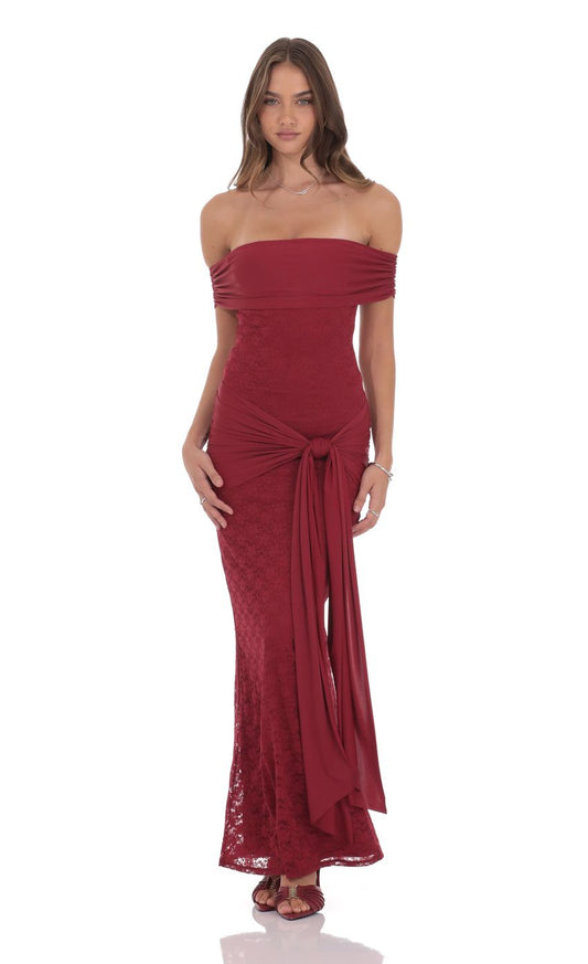 Romantic Sheath Off-The-Shoulder Lace-Overlay Burgundy Ruched-Fabric Floor-Length Prom Dresses