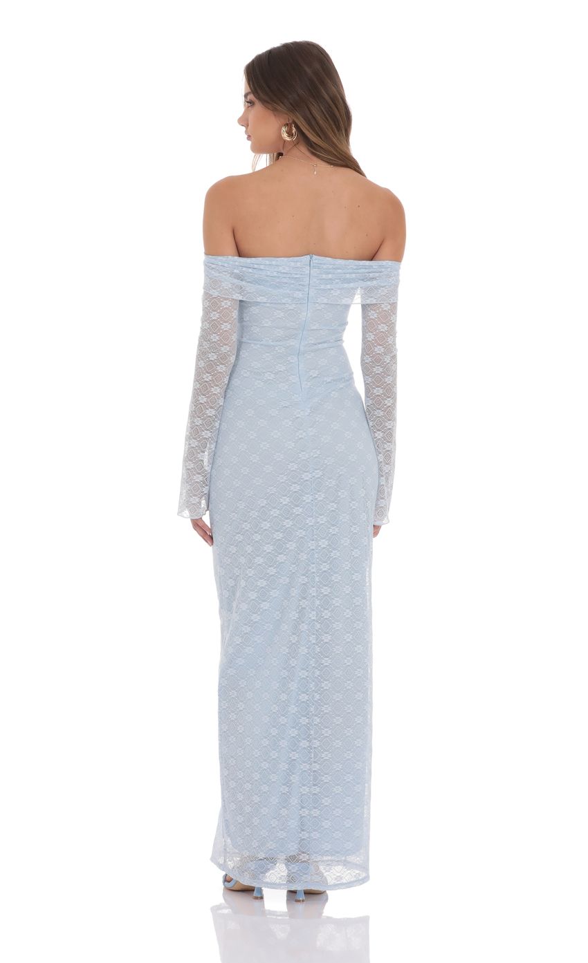 Romantic Sheath Off-The-Shoulder Lace-Sleeve Sky Blue Lace Floor-Length Prom Dresses