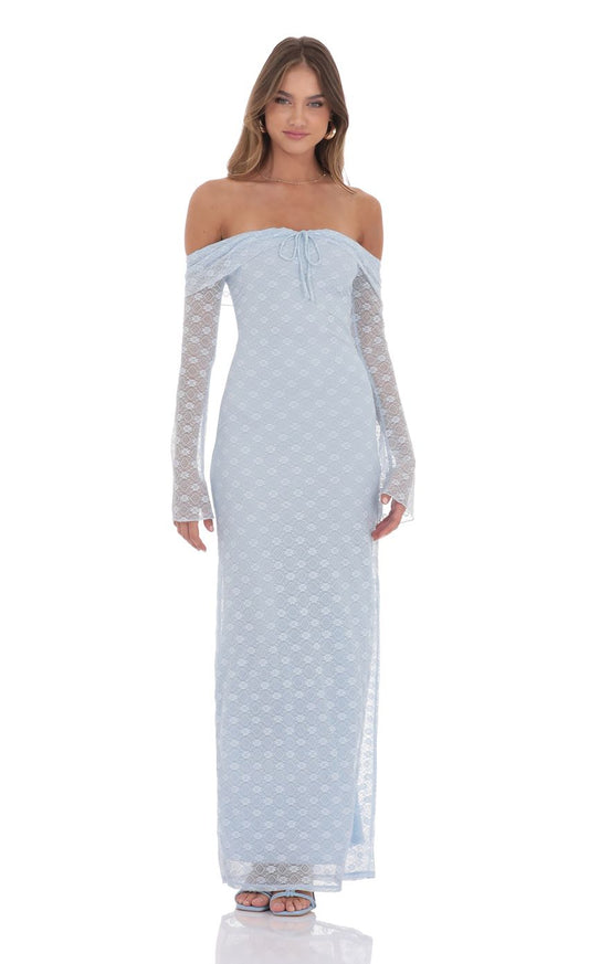 Romantic Sheath Off-The-Shoulder Lace-Sleeve Sky Blue Lace Floor-Length Prom Dresses