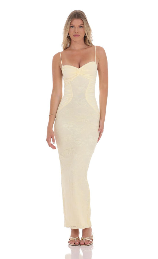 Romantic Sheath Spaghetti-Strap Ruched-Accent Ivory Lace Midi-Length Prom Dresses