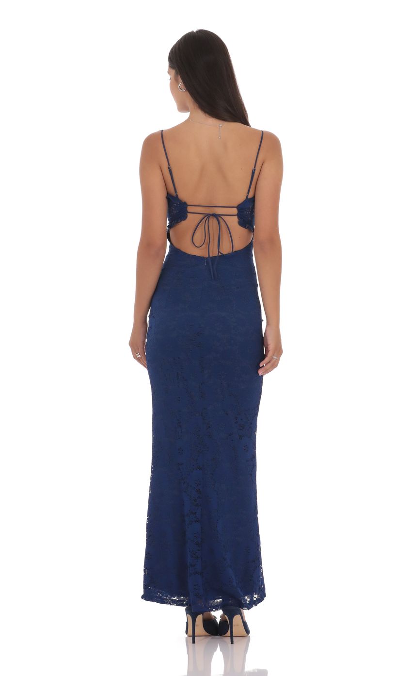 Romantic Sheath Spaghetti-Strap Sleeveless Cut-Out-Back Navy Lace Floor-Length Prom Dresses