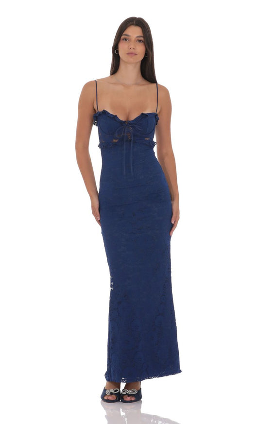 Romantic Sheath Spaghetti-Strap Sleeveless Cut-Out-Back Navy Lace Floor-Length Prom Dresses
