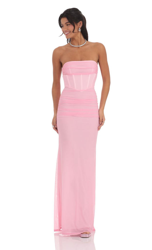 Romantic Sheath Strapless Ruched Blush Chiffon Floor-Length Prom Dresses