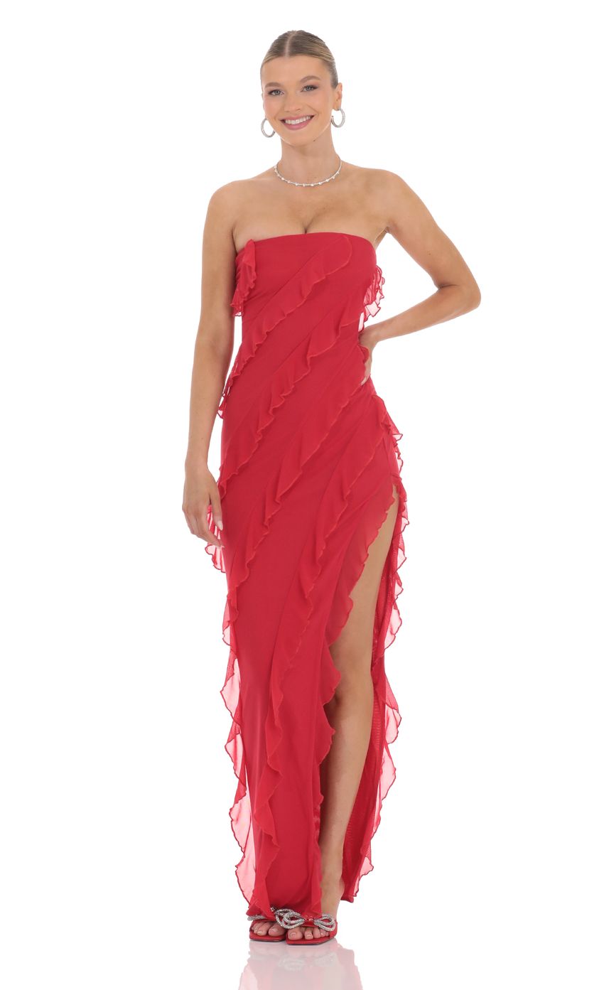 Romantic Sheath Strapless Ruffled Open-Back Red Chiffon Floor-Length Prom Dresses