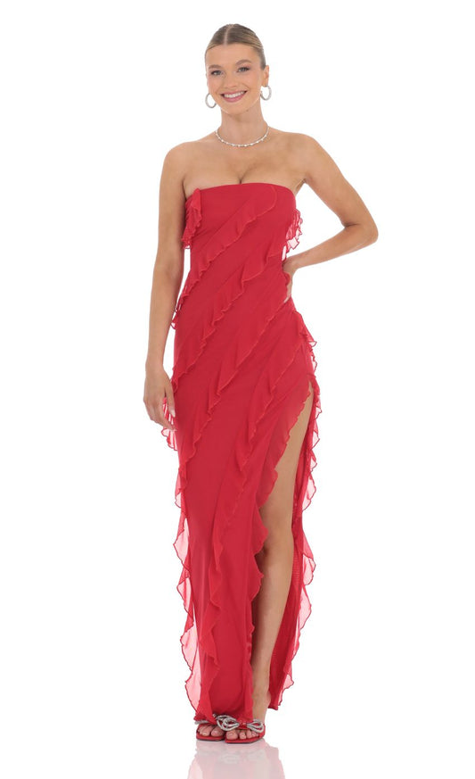 Romantic Sheath Strapless Ruffled Open-Back Red Chiffon Floor-Length Prom Dresses