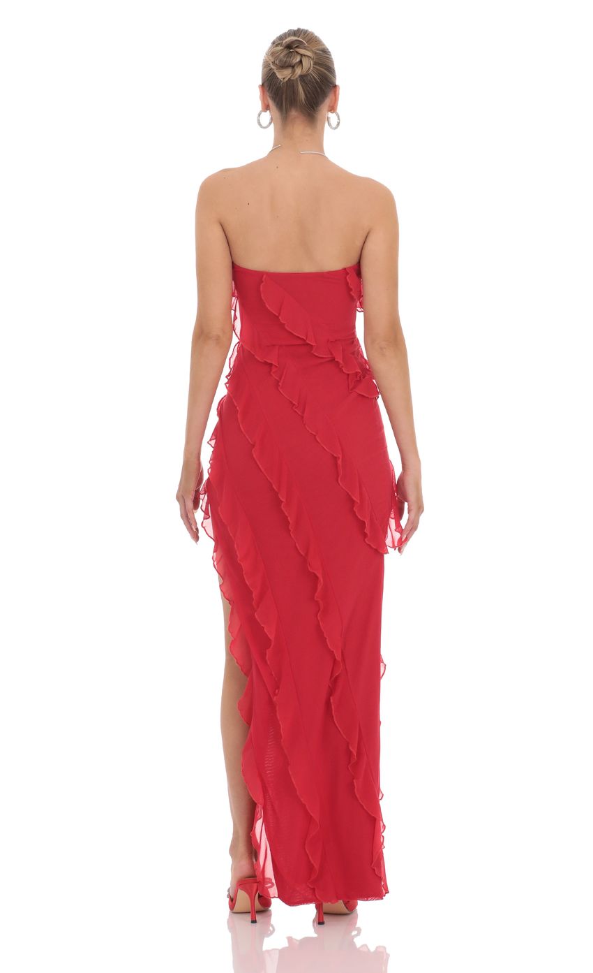 Romantic Sheath Strapless Ruffled Open-Back Red Chiffon Floor-Length Prom Dresses