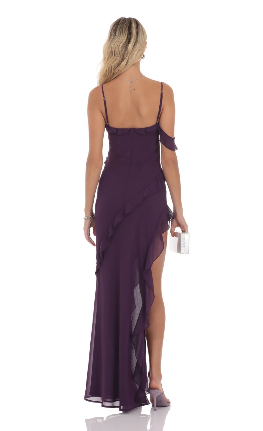 Romantic Sheath Sweetheart Spaghetti-Strap Ruffled Open-Back Plum Chiffon High-Low Prom Dresses