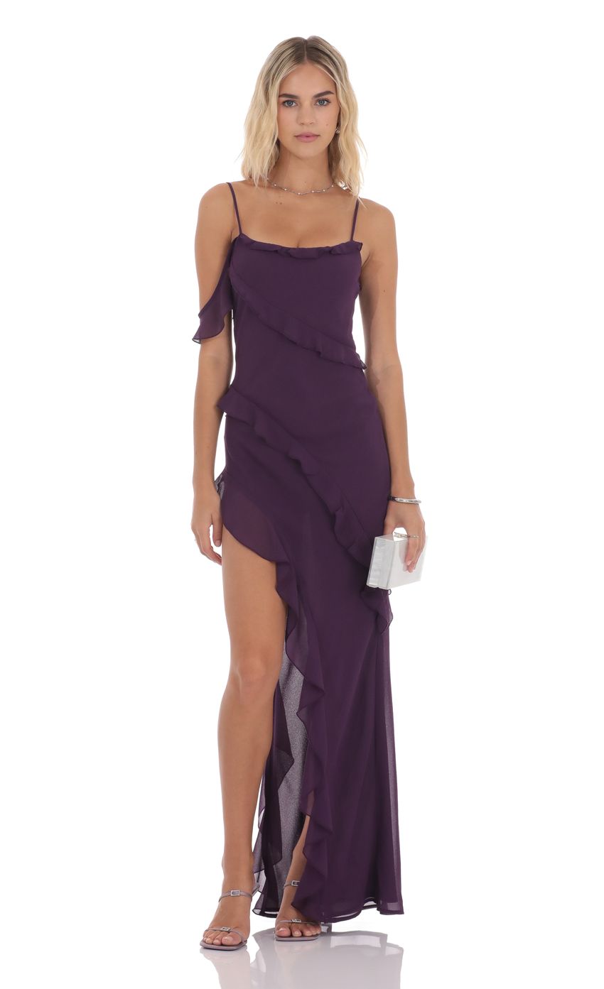 Romantic Sheath Sweetheart Spaghetti-Strap Ruffled Open-Back Plum Chiffon High-Low Prom Dresses