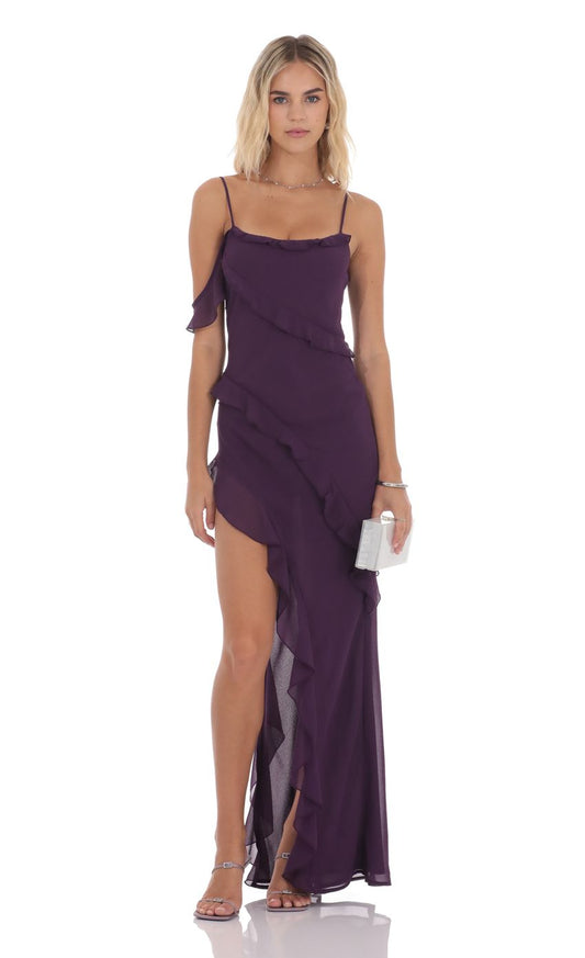 Romantic Sheath Sweetheart Spaghetti-Strap Ruffled Open-Back Plum Chiffon High-Low Prom Dresses