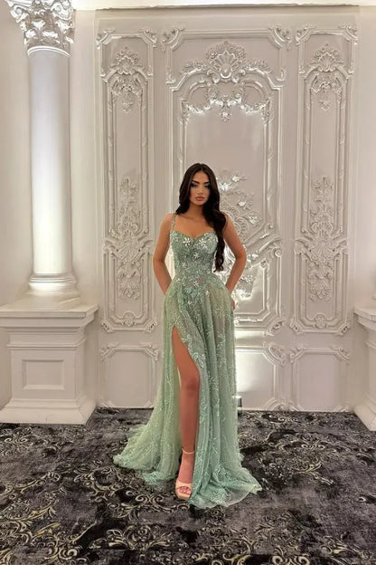 Romantic Spaghetti Strap Sweetheart 3D Floral Beaded High Slit A-Line Maxi Dress