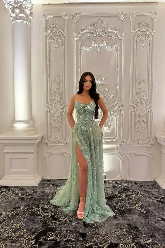 Romantic Spaghetti Strap Sweetheart 3D Floral Beaded High Slit A-Line Maxi Dress