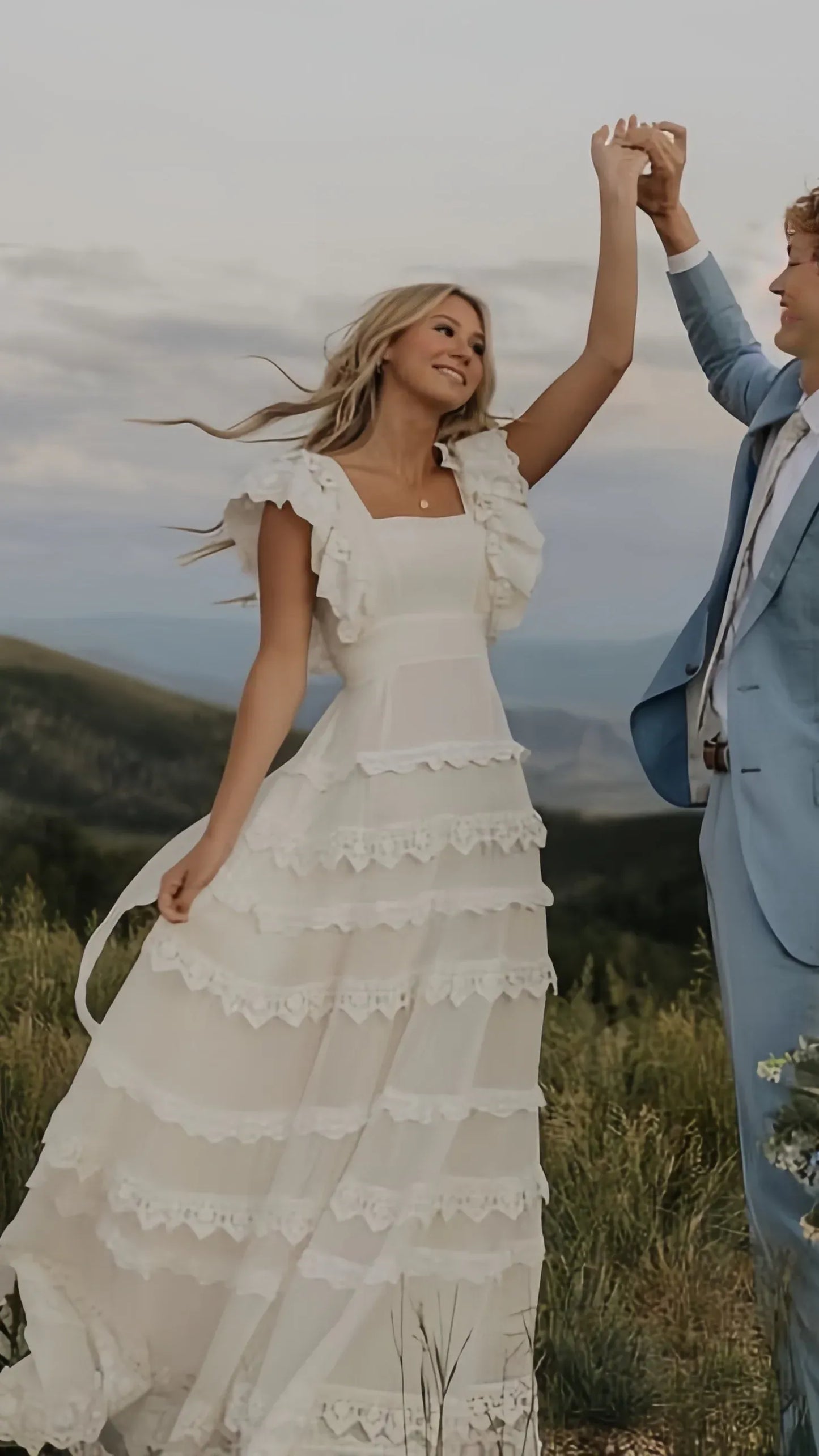 Romantic Square Neck Ruffled Lace Tiered A-Line Maxi Dress