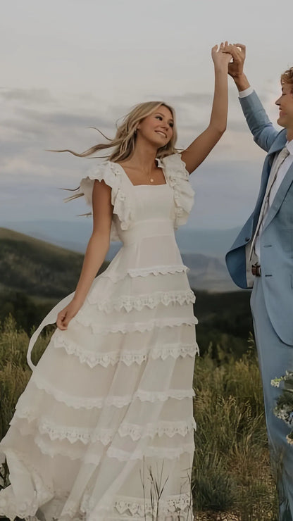 Romantic Square Neck Ruffled Lace Tiered A-Line Maxi Dress