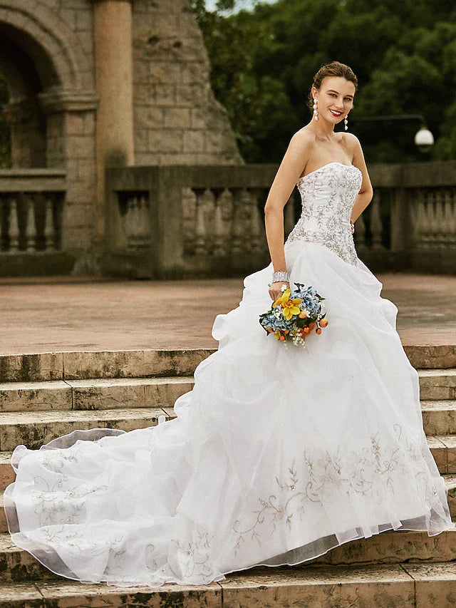 Back view of the elegant ball gown wedding dress, showcasing the court train.