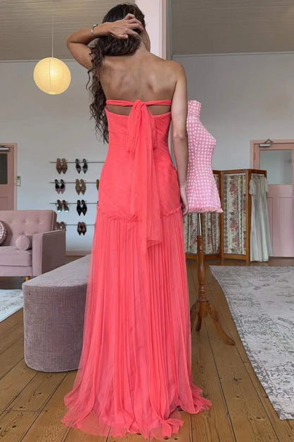 Romantic Strapless Pleated Chiffon Formal Dress With Bow Back