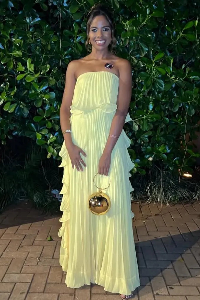 Romantic Strapless Pleated Ruffle Chiffon Maxi Dress