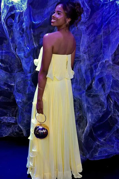 Romantic Strapless Pleated Ruffle Chiffon Maxi Dress