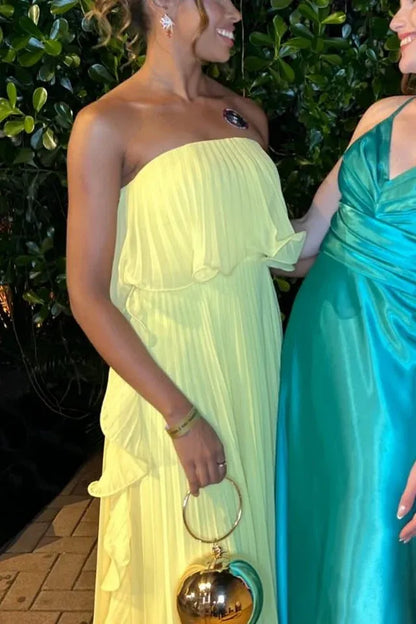 Romantic Strapless Pleated Ruffle Chiffon Maxi Dress