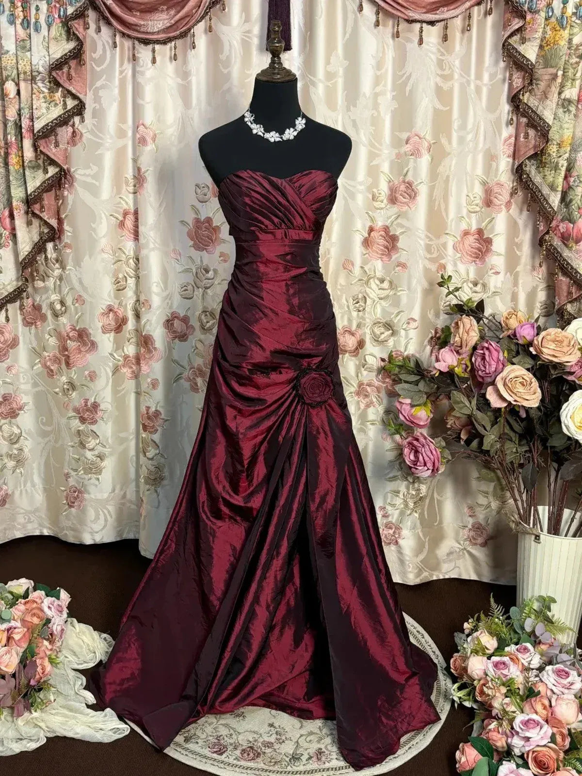 Romantic Strapless Ruched Satin Mermaid Maxi Dress with 3D Flower