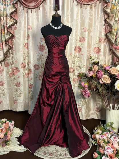 Romantic Strapless Ruched Satin Mermaid Maxi Dress with 3D Flower
