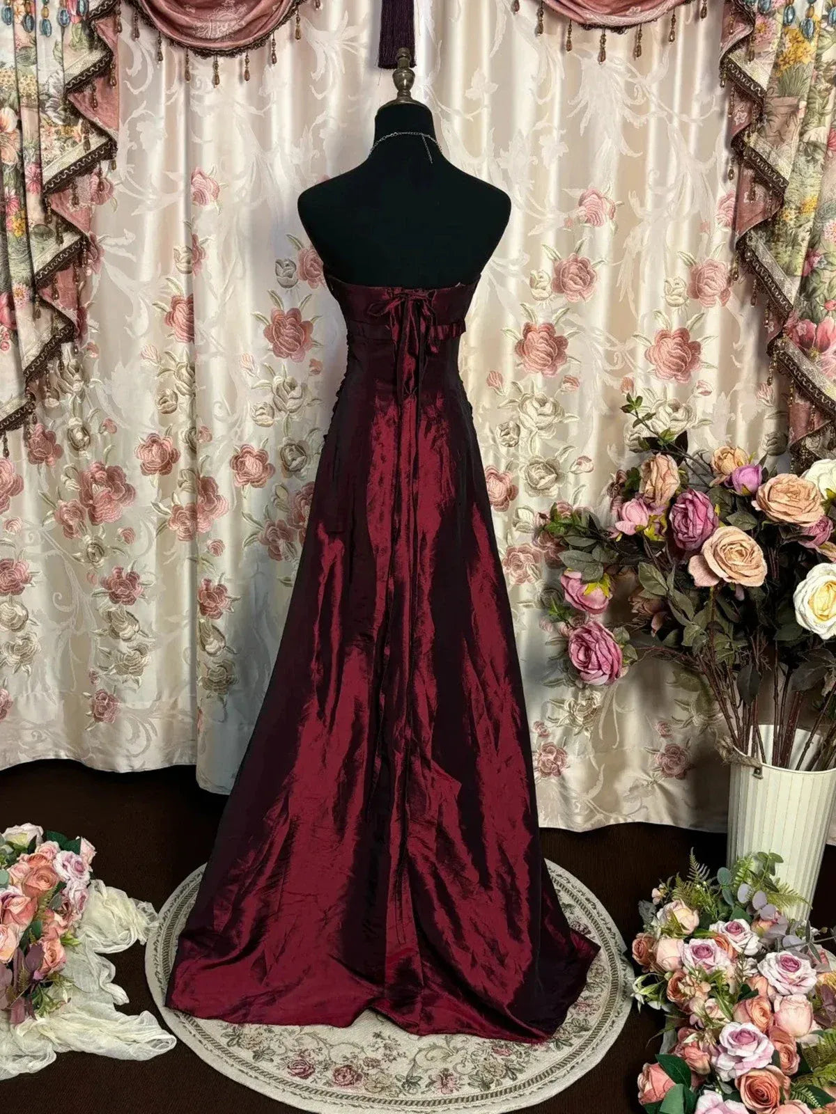 Romantic Strapless Ruched Satin Mermaid Maxi Dress with 3D Flower