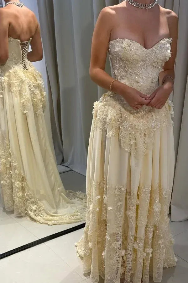 Romantic Strapless Sweetheart 3D Floral Lace-Up Back A-Line Wedding Dress with Train