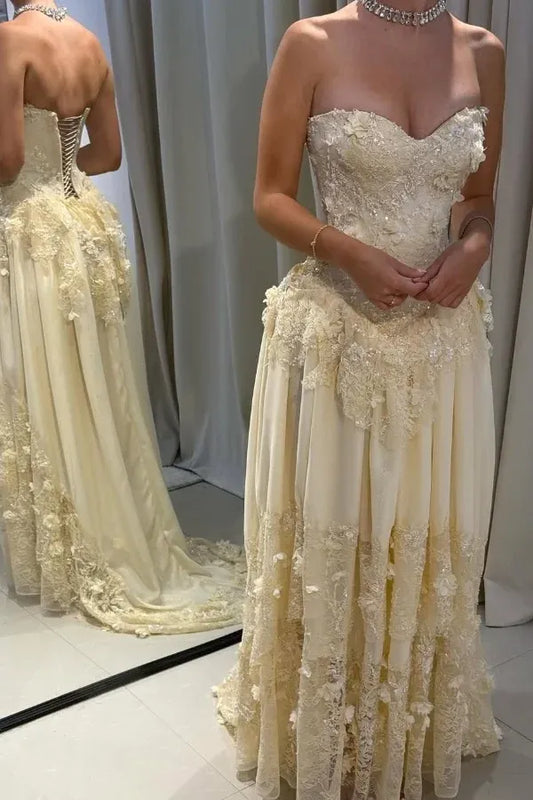Romantic Strapless Sweetheart 3D Floral Lace-Up Back A-Line Wedding Dress with Train