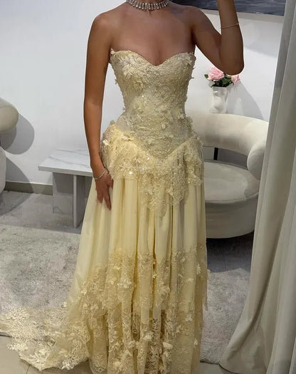 Romantic Strapless Sweetheart 3D Floral Lace-Up Back A-Line Wedding Dress with Train