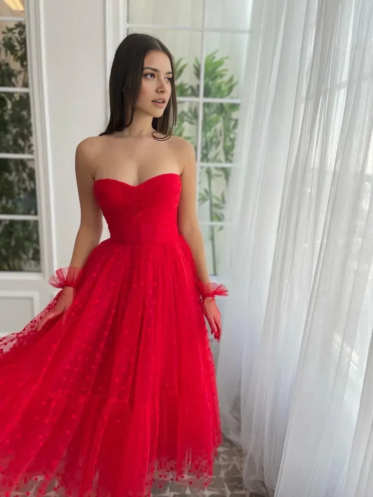 Romantic Strapless Sweetheart Neck Back Zip Polka Dot Tulle Midi Mother Of The Bride Dresses