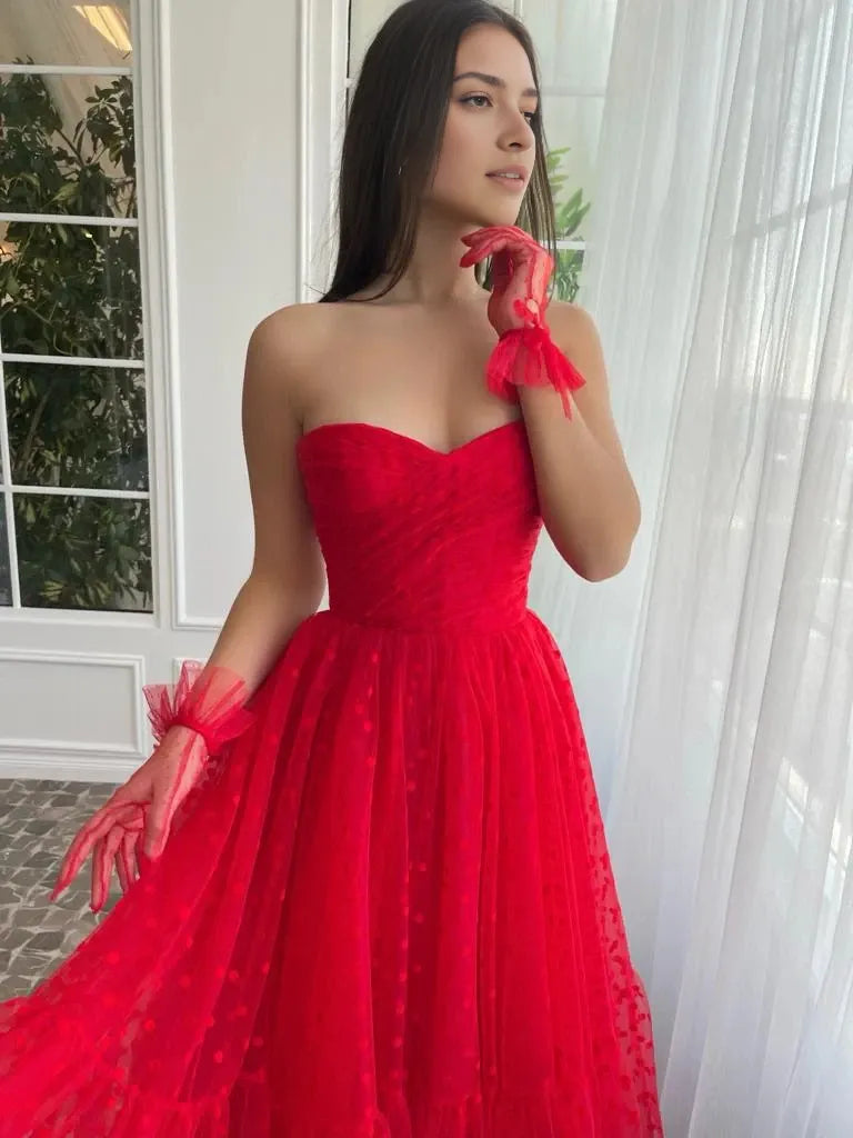 Romantic Strapless Sweetheart Neck Back Zip Polka Dot Tulle Midi Mother Of The Bride Dresses