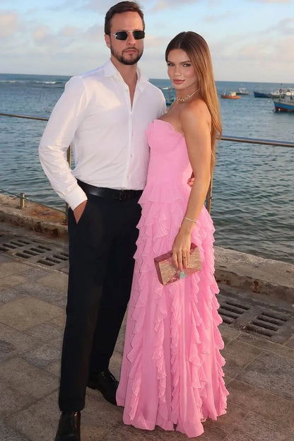 Romantic Strapless Sweetheart Tiered Ruffle Chiffon Formal Dress