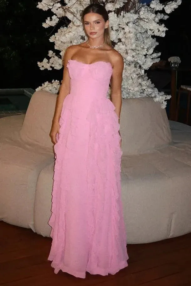 Romantic Strapless Sweetheart Tiered Ruffle Chiffon Formal Dress