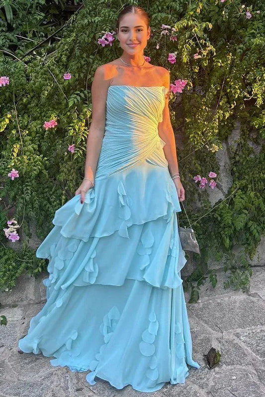 Romantic Strapless Tiered Ruffle Chiffon Formal Dress