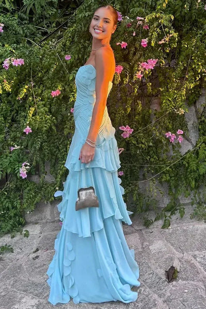 Romantic Strapless Tiered Ruffle Chiffon Formal Dress