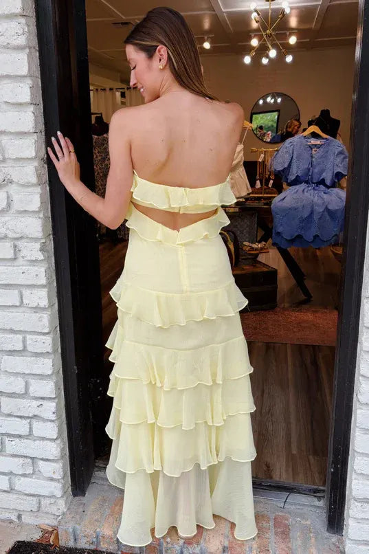 Romantic Strapless Tiered Ruffle Chiffon Maxi Dress With Cutout Back