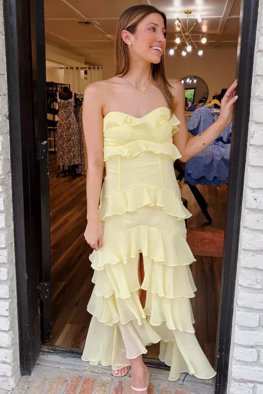 Romantic Strapless Tiered Ruffle Chiffon Maxi Dress With Cutout Back