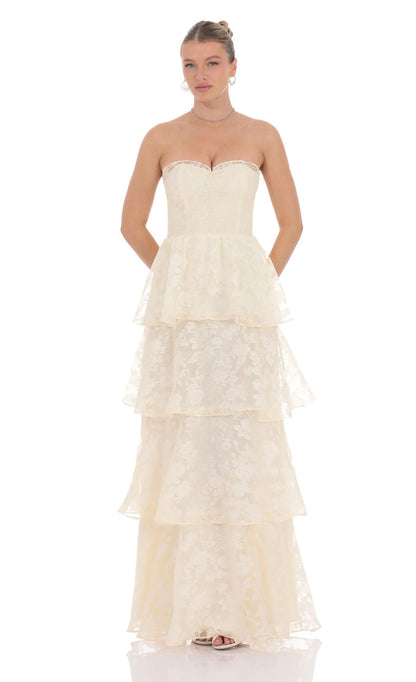 Romantic Tiered A-Line Strapless Sleeveless Open-Back Ivory Lace-Fabric Floor-Length Prom Dresses
