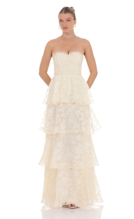 Romantic Tiered A-Line Strapless Sleeveless Open-Back Ivory Lace-Fabric Floor-Length Prom Dresses