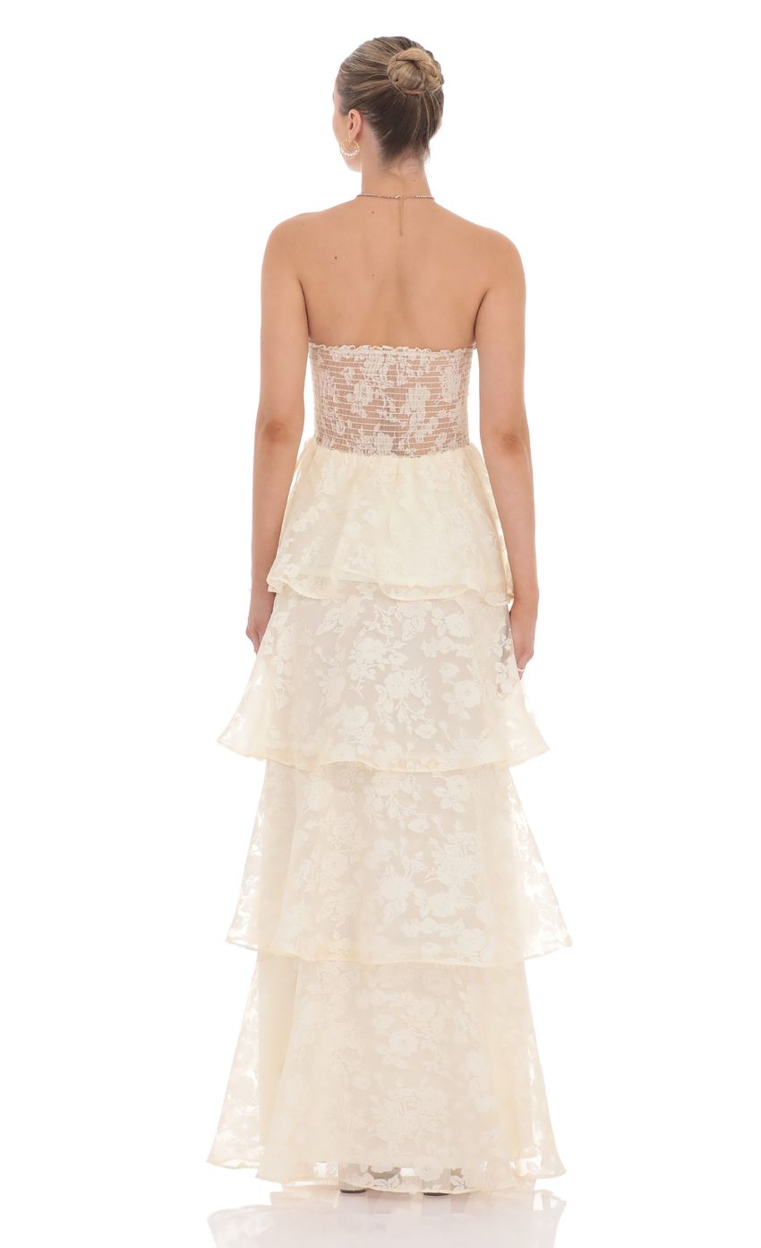Romantic Tiered A-Line Strapless Sleeveless Open-Back Ivory Lace-Fabric Floor-Length Prom Dresses